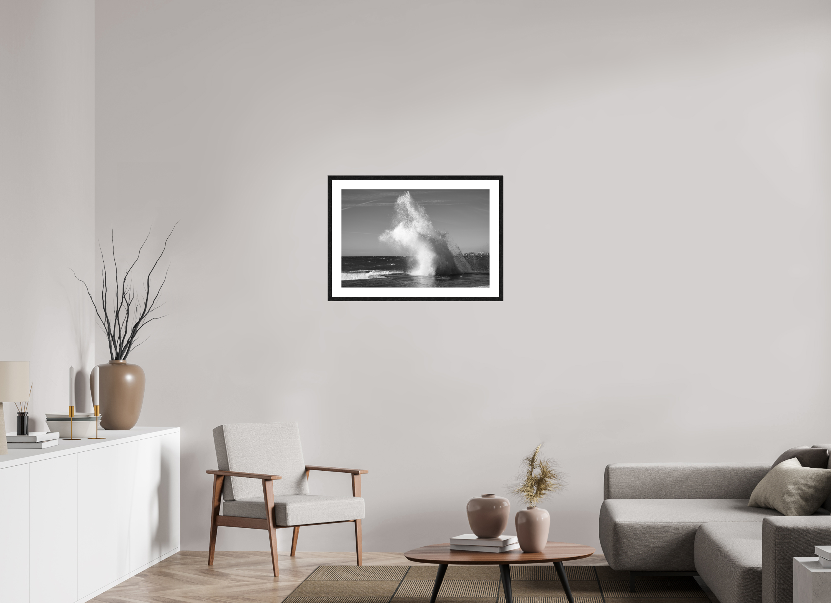 75 x 50 cm, Tirage N&B mat + Cadre noir avec passe-partout Poster noir et blanc – Éclat de vague