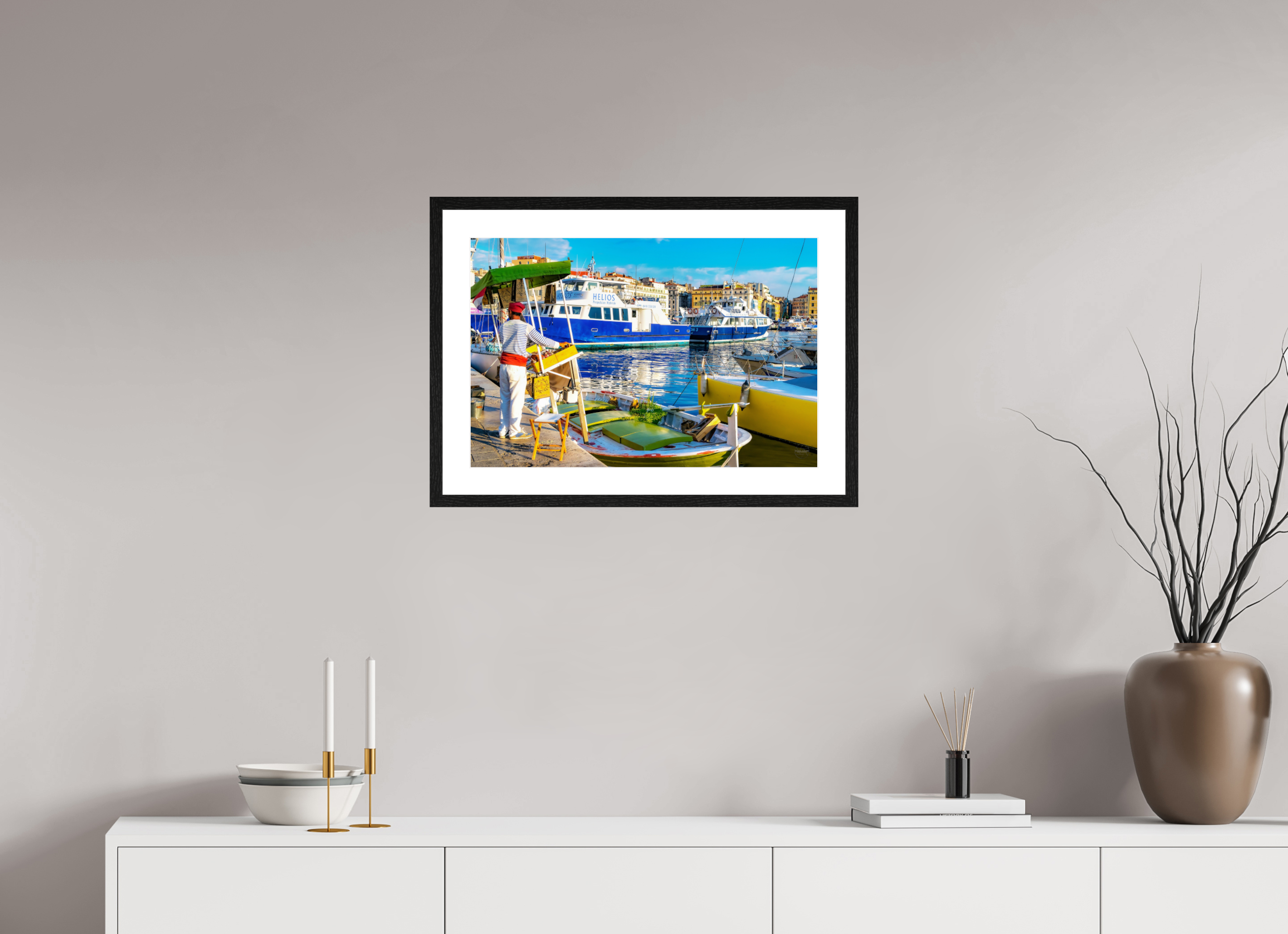 60 x 40 cm, Tirage couleur brillant + Cadre noir avec passe-partout Le Marchand du Vieux-Port