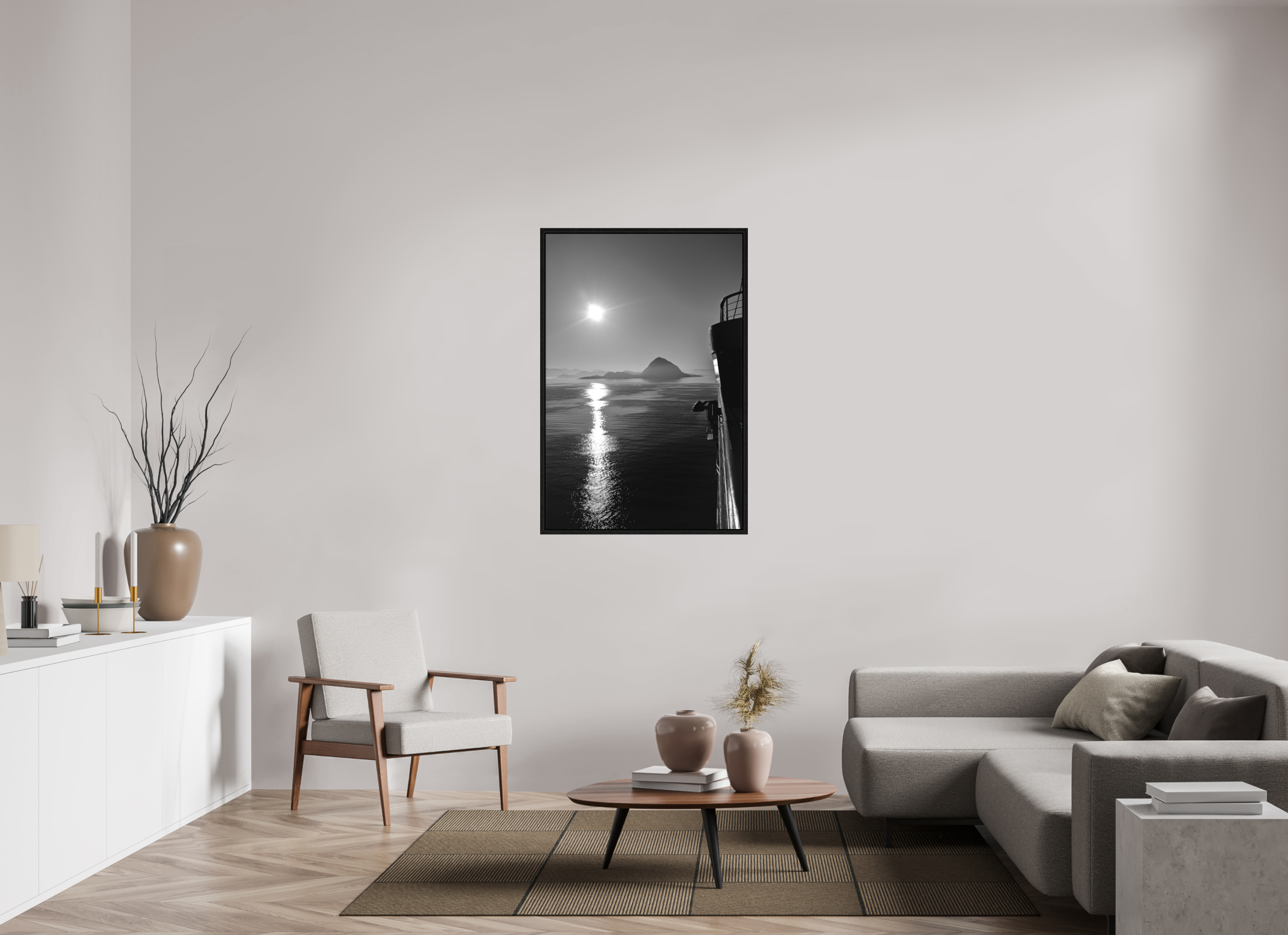 80 x 120 cm, Tirage N&B dans Caisse américaine noire Soleil Noir | Poster Noir et Blanc Océan & Horizon Minimaliste